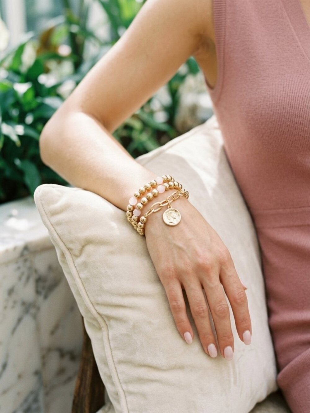 Gorgeous Gold & Pastel Pink Beaded Stackable Bracelet Set Charm Elegant New